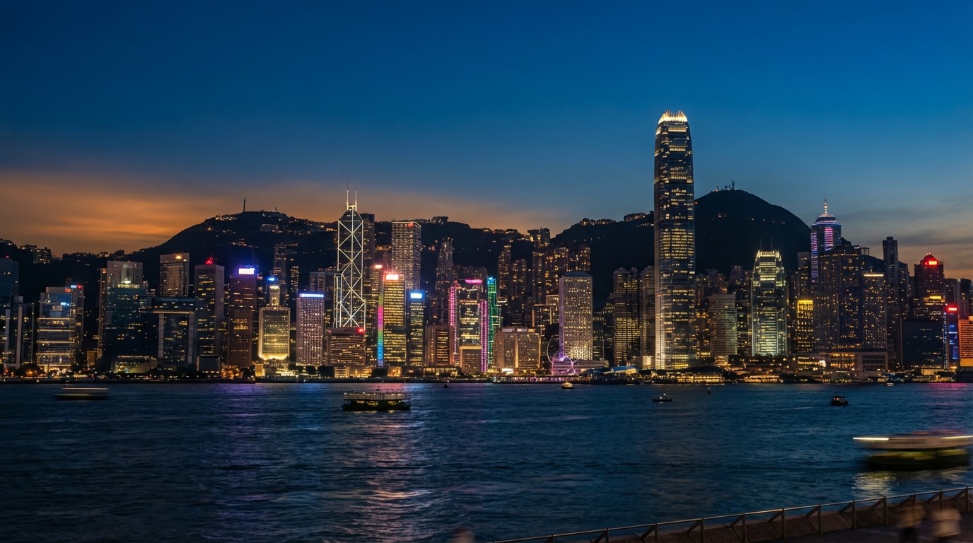 Hong Kong skyline from Victoria Harbour waterfront at dusk