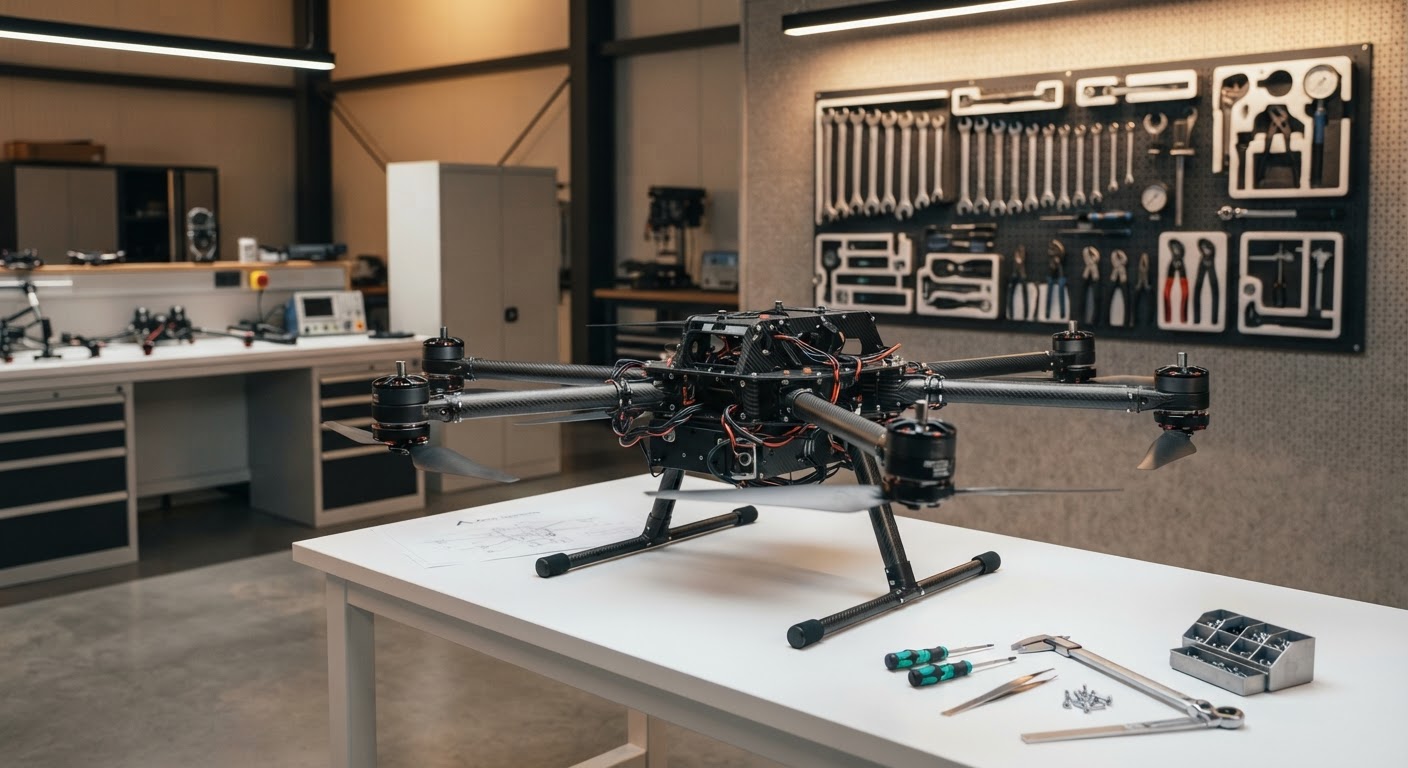 Commercial UAV in flight over industrial landscape